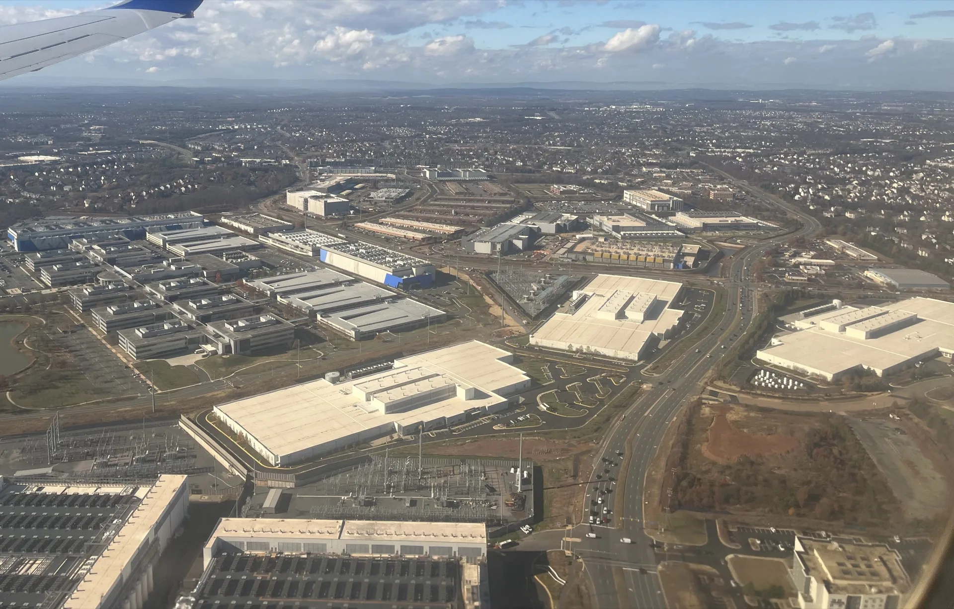 Aerial view of data centers in Ashburn, Virginia
