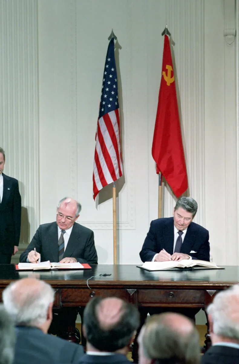 President Reagan and Soviet General Secretary Gorbachev signing the INF Treaty in the East Room, December 1987
